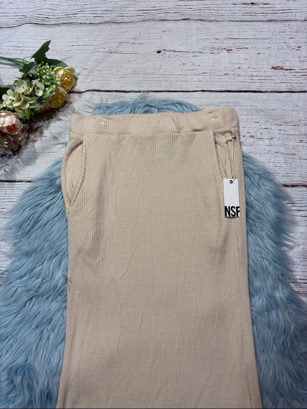 NWT NSF Cream Ribbed Side Slit Maxi Skirt
